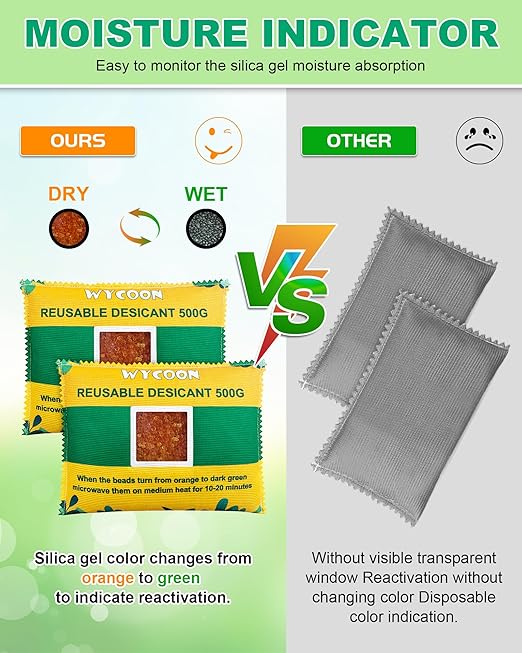 Rechargeable Desiccant Pack 2 x 500g, Moisture Absorber with Transparent Indicator Window, Silica Gel Desiccant Dehumidifier for Closet, Basement, Gun Safe, RV,Garage & Storage