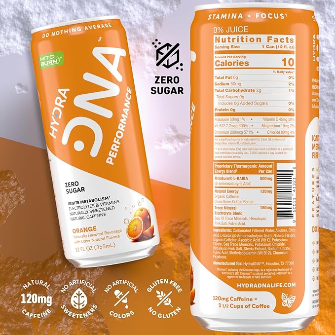 HYDRADNA- Clean Performance Drink, Zero Sugar | For Natural Fuel, Alertness, Boost, Stamina,120 mg Organic Caffeine, Natural Flavors, Zero Sucralose, Clean Ingredients (12 Pack) (12 Pack, Orange)-FlexoryFit
