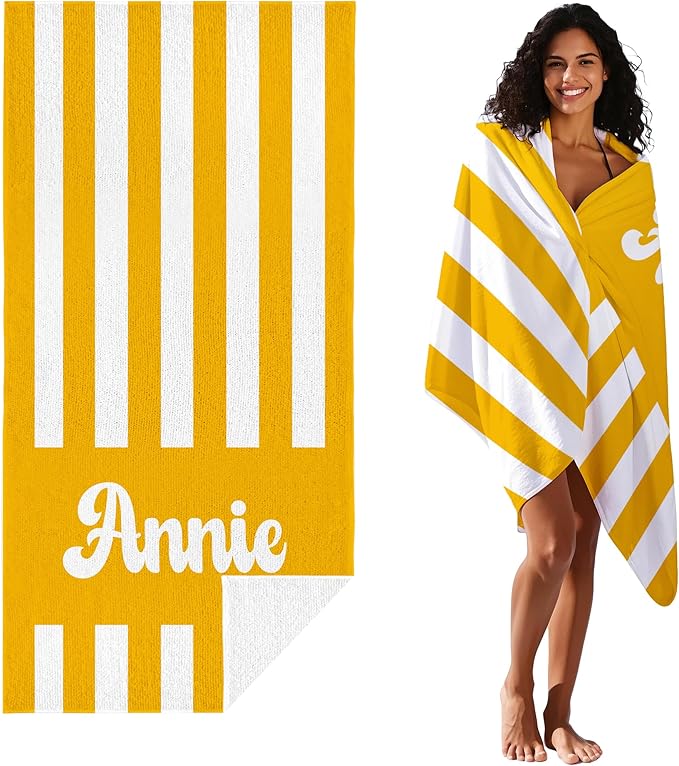 JML Personalized Beach Towel with Name, Custom Cabana Stripe Beach Towel, Customized Microfiber Pool Towel, Quick Dry & Absorbent Swim Towel for Adult,Mother's Day, Birthday, Summer Holiday,Vacation-FlexoryFit