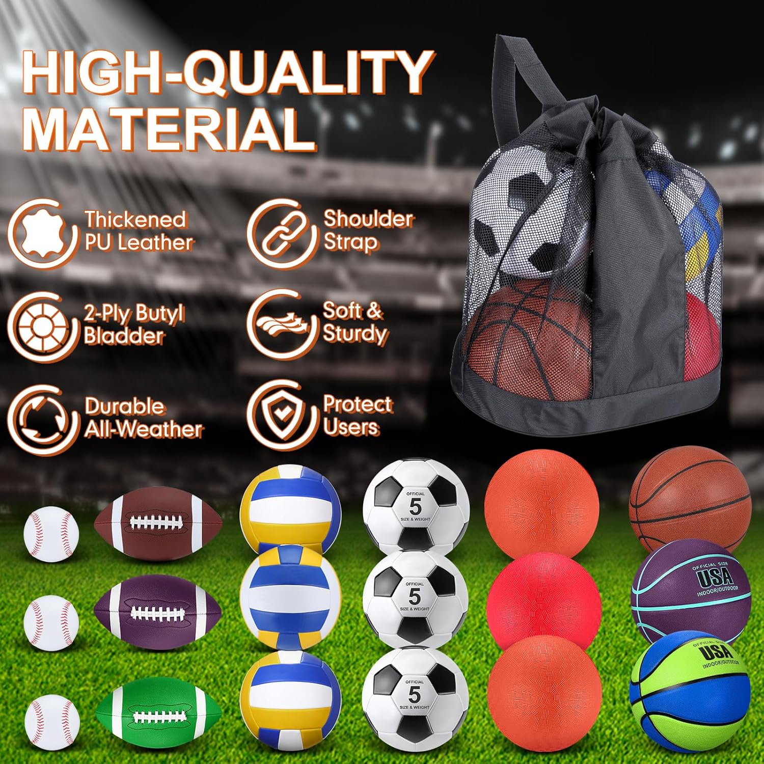 Leyndo 18 Pcs Sport Balls Bulk Set Basketball Football Volleyball Soccer Playground Baseball with Sport Equipment Bag Pump for Youth Adults Outdoor Indoor Practice Gift Back to School