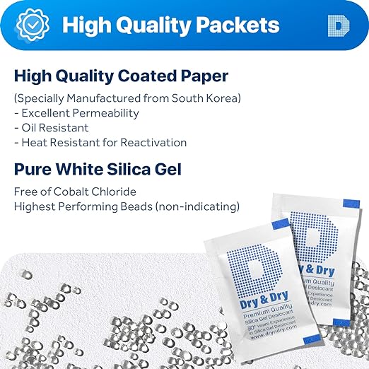 Dry & Dry 2 Gram [250 Packets] Food Grade Silica Gel Packs Desiccant Packs, Silica Packets - Rechargeable Silica Gel Packets, Desiccants, Silica Gel