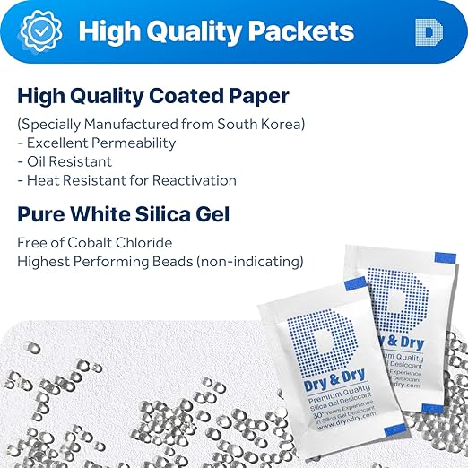 Dry & Dry 2 Gram [150 Packets] Food Grade Silica Gel Packs Desiccant Packs - Rechargeable Silica Gel Packets, Desiccants