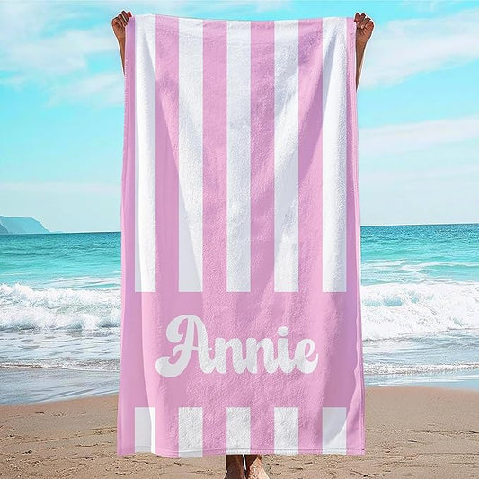 JML Personalized Beach Towel with Name, Custom Cabana Stripe Beach Towel, Customized Microfiber Pool Towel, Quick Dry & Absorbent Swim Towel for Adult,Mother's Day, Birthday, Summer Holiday,Vacation-FlexoryFit