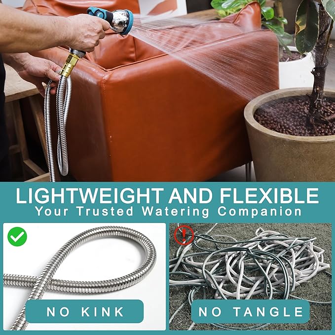 25FT 5/8'' Garden Hose, 304 Stainless Steel Water Hose, Flexible with a 10-Mode Nozzle Sprayer, No Kink, Lightweight, Puncture Proof Metal Hose, Ideal for Yard, Lawn, Outdoor
