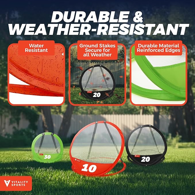 Vitality Sports Golf Chipping Net, 3PCS Pop-Up Golf Practice Net for Backyard, Indoor Outdoor Chipping Game with 3 Targets, 1 Hitting Mat, 20 Balls, Tee Box, Golf Gift for Men
