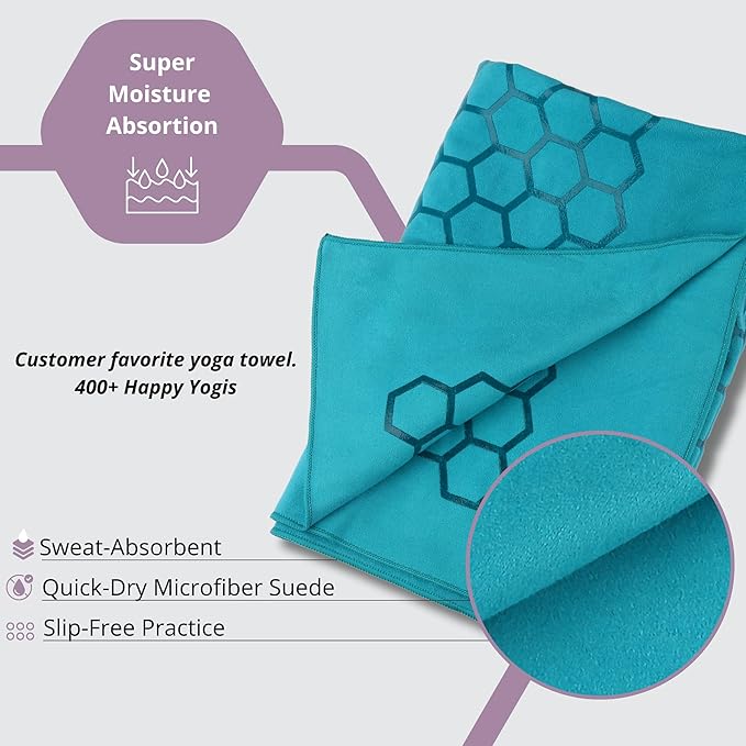 Clever Yoga Non-Slip Hot Yoga Towel – Non-Slip Grip for Hot Yoga, Sweat Absorbent, Honeycomb Silicone Grip, Stays Flat – Ideal for Pilates, Travel, Washable & Lightweight - Turquoise-FlexoryFit