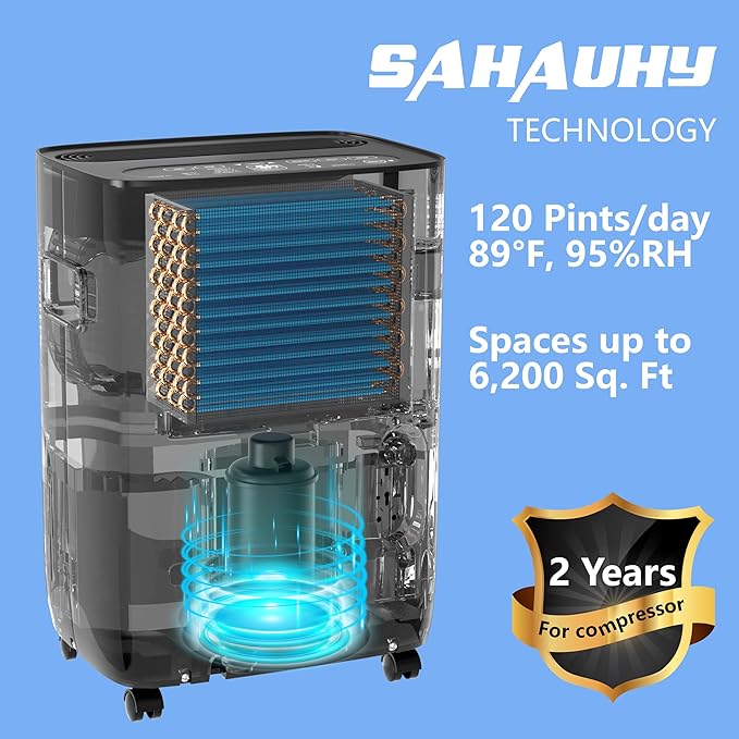SAHAUHY 120 Pints ENERGY STAR Dehumidifier for Home Bedroom Garage Basement Stockroom and Large Room Spaces up to 6,200 Sq. Ft with Drain Hose and Water Tank