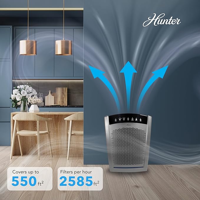 Hunter HP850 Air Purifiers for Home Large Room and Bedroom. True HEPA Air Purifier for Pets, Odors, Allergens, Smoke, Dust. 4 Fan Speeds, Quiet Sleep Mode, UV Mode. Filters 2585 Ft² per hour. Graphite