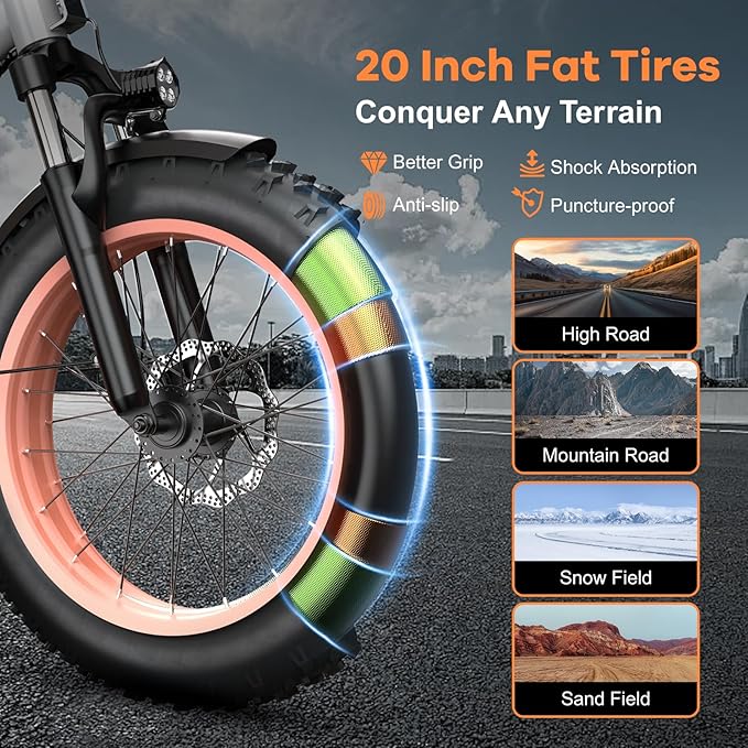 Foldable Electric Bike for Adults, Peak 1000W Brushless Motor 30MPH 70Miles City Commuter Ebike, 48V 20AH Lithium Battery, 20" Fat Tire 7-Speed E-Bicycle with Front Suspension Colourful LCD Display