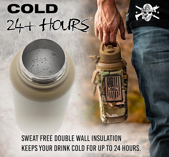 Iron Infidel Battle Bottle - 32 Oz Insulated Water Bottle with Straw Lid & Chug Cap, Stainless Steel Metal Tactical Flask With Rugged, Removable Sleeve for Keys & Phone or Wallet (OCP Camo 1 Liter)-FlexoryFit