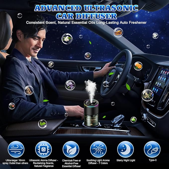 Smart Car Air Freshener Diffuser - 270-Day Long-Lasting Essential Oil (6.09oz/180ml), Auto On/Off Sensor, Ultrasonic Dual Modes, Multi-Mode Adjustable, Natural French Fragrance Oils,Gardenia Scent