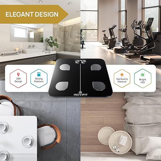 INEVIFIT Smart Body Fat Scale, Highly Accurate Bluetooth Digital Bathroom Body Composition Analyzer, Measures Weight, Body Fat, Water, Muscle, Visceral Fat & Bone Mass for Unlimited Users (Black)-FlexoryFit