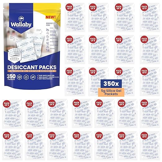 Wallaby 5 gram (350 Packets) Food Safe Pure White Silica Gel Desiccant Dehumidifier Packs - Rechargeable & Coated Moisture Absorbers - Protects Against Moisture Damage - (Packed in 70x Sets of 5)