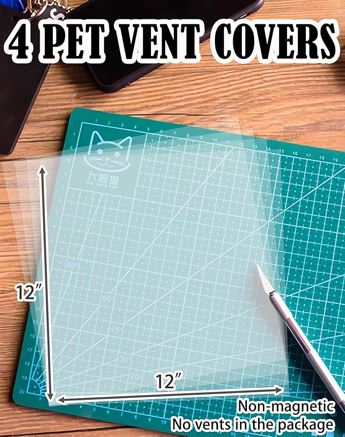 4 Pack PET Vent Covers with Nano Adhesive, 12" X 12" for Floor, Wall, Ceiling Vents and Air Registers, for RV, Home, Office AC Vents, Non-Magnetic, Fits on Plastic, Wood, Iron, Aluminum Vent Covers