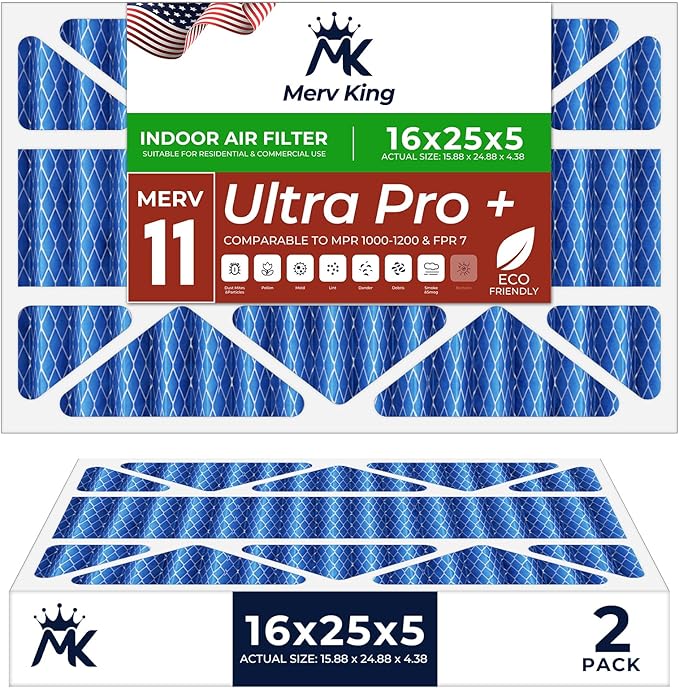 MervKing 16x25x5 Air Filter Actual Size: 15.88" x 24.88" x 4.38" MERV 11 MPR 1000-1200 | MADE IN USA | 2-Pack | Pleated HVAC AC Furnace Replacement