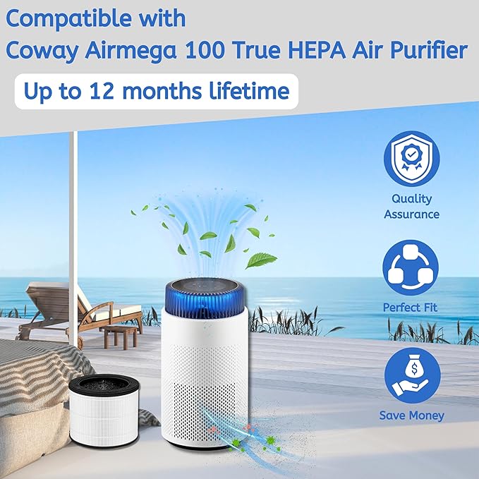 Nispira Airmega 100 3-in-1 True HEPA Activated Carbon Filter Replacement For Coway Airmega 100 Air Purifier 3 Packs