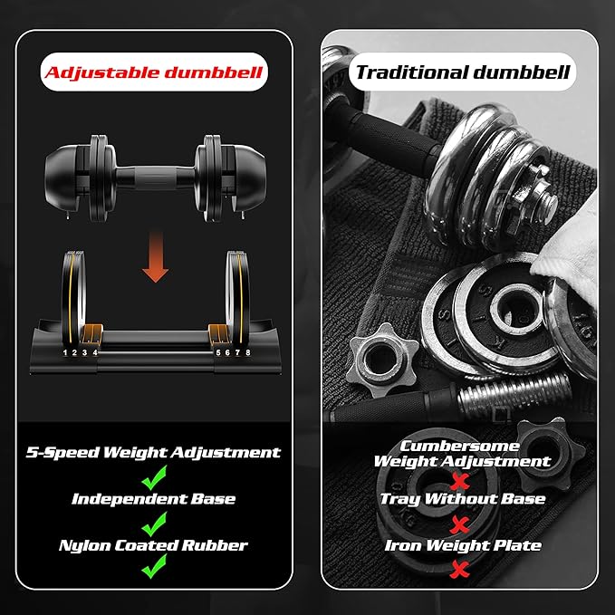 Adjustable Dumbbell,22LBS 44LBS 52LBS Dumbbell Set with Tray for Fitness, Fast Adjust Weight by Turning Anti-Slip Handle, Safety with 8 Lock Slots, Suitable for Men and Women-FlexoryFit