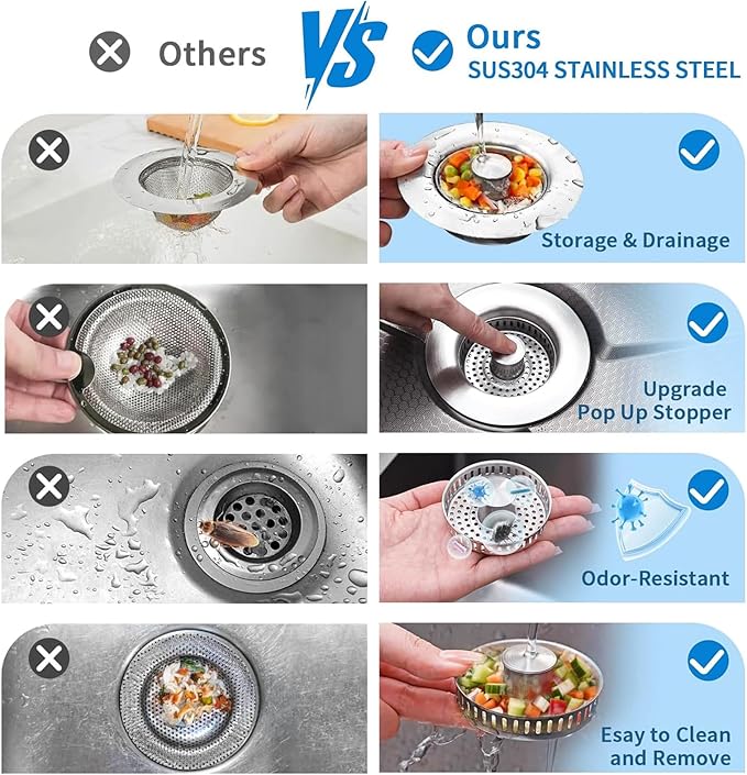 Upgraded 3-in-1 Kitchen Sink Drain Strainer Stopper 2025|Rust-Proof Strainer Basket |Universal Fit for Standard 3.5" Drains |Anti-Clog&Odor Filter |Efficient Drainage (Stainless Steel, 2 PCS)