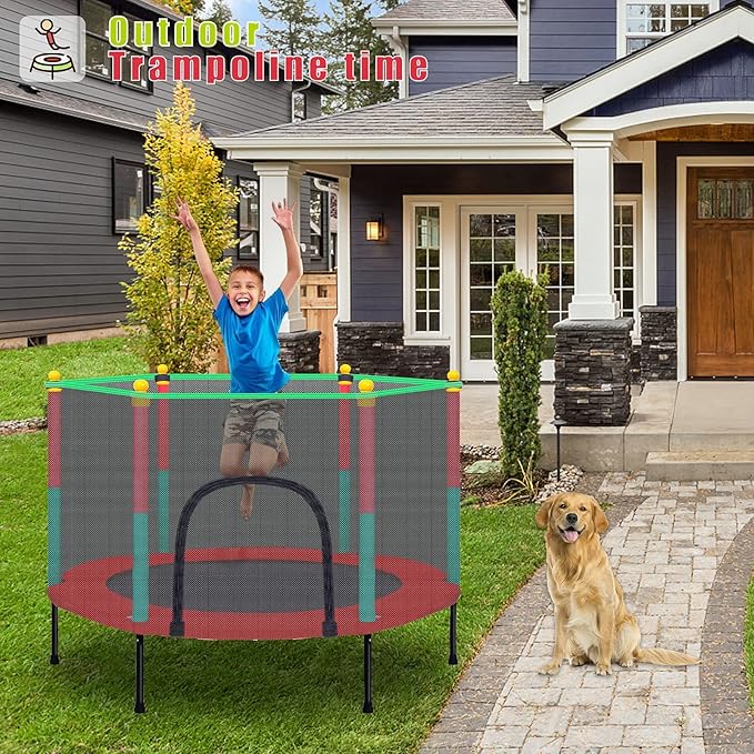 Kids Trampoline with Safety Enclosure Net - 5FT Trampoline for Toddlers Indoor and Outdoor - Parent-Child Interactive Game Fitness Trampoline Toy Gift for Boys and Girls Age 1-8-FlexoryFit