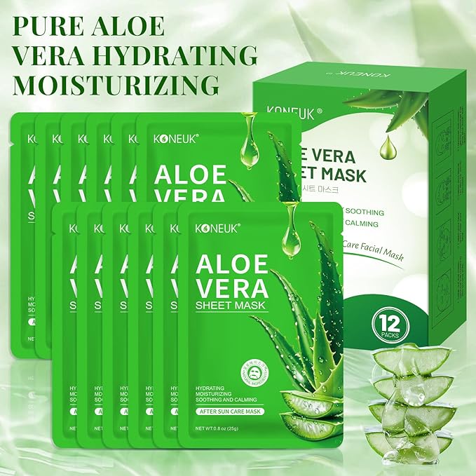 12 Pack Aloe Vera Face Masks Skincare, Sheet Aloe Hydrating Face Mask for Sunburn Relief and After Sun Care, Bulk Aloe Vera Face Mask for Spa Party Gifts-FlexoryFit