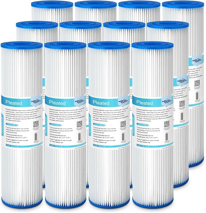 Membrane Solutions 50 Micron Pleated Polyester Sediment Water Filter 10"x2.5" Replacement Cartridge Universal Whole House Pre-Filter Compatible with W50PE, WFPFC3002, SPC-25-1050, FM-50-975 - 12 Pack
