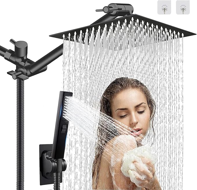 12" High Pressure Square Rain Shower Head and 2-in-1 Hand Shower, Rainfall Showerhead with 13" Shower Arm, Equipped with 78" Hose, Adhesive Shower Head Holder (Square Shower Head Set Black)