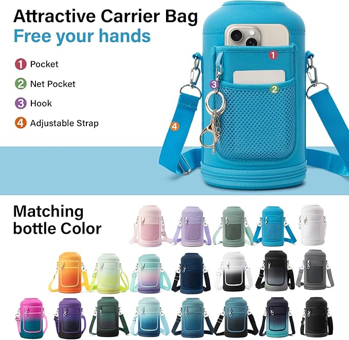 Insulated Water Bottle | Thickened Stainless Steel Vacuum Metal | Portable Sports Half Gallon Large Water Jug for Gym and Hiking with Straw, Carrier Bag, Handle Strap | BPA-Free 64 oz-FlexoryFit