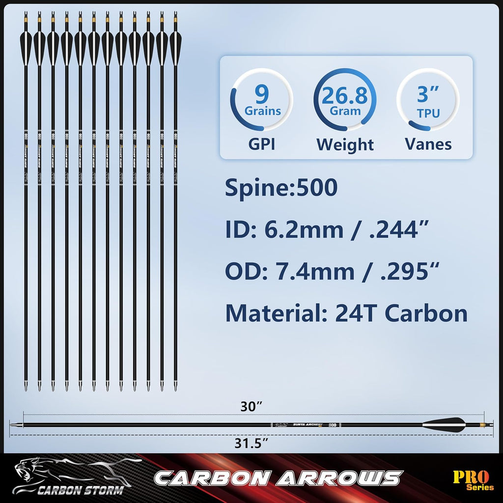SUNYA 12-Pack 30 Inch Carbon Arrows Spine 500 or 400 for 40-60 LBS Bows｜Switch to Recurve/Compound Modes, Anti-Loose O-Ring & TPU Vanes for Hunting/Target Practice