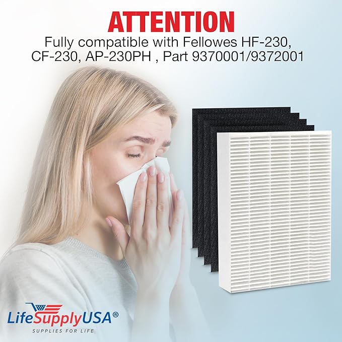 LifeSupplyUSA Complete Replacement Filter Set (1 True HEPA Filter + 4 Carbon Filters) Compatible with Fellowes HF-230, CF-230, AP-230PH, Part 9370001/9372001 Air Purifiers