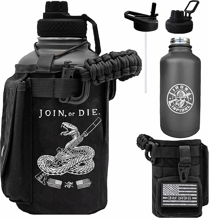 Iron Infidel Battle Bottle - Half Gallon Insulated Water Bottle with Paracord Handle, Large 64 oz Stainless Steel Water Jug with Rugged, Removable Sleeve for Keys, Wallet & Phone (Join or Die 2 Liter)-FlexoryFit