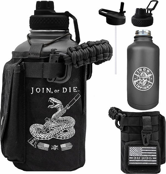 Iron Infidel Battle Bottle - Half Gallon Insulated Water Bottle with Paracord Handle, Large 64 oz Stainless Steel Water Jug with Rugged, Removable Sleeve for Keys, Wallet & Phone (Join or Die 2 Liter)-FlexoryFit