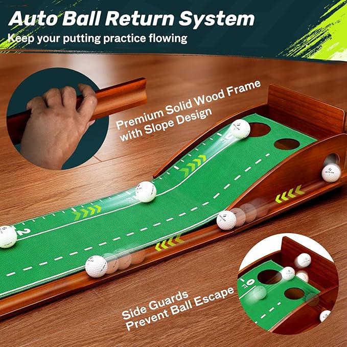 SAPLIZE Portable Putting Mat with Automatic Ball Return - Golf Practice Green with Mirror - Improve Accuracy Indoors or Outdoors