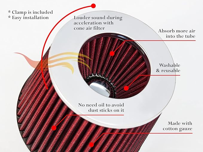 RED 3" 76 mm Inlet Cold Air Cone Replacement Performance Washable Clamp-On Dry Air Filter