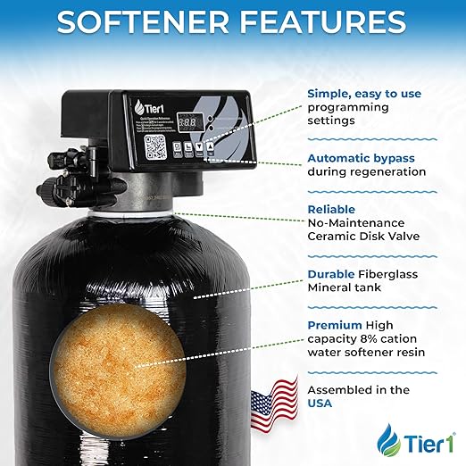 Tier1 Whole House Water Softener System Compact 32,000 Grain High Efficiency with Sediment Pre-Filter | Pre-Filled Mineral Tank with 1 Cubic Foot of Cation Resin | Home Water Filtration System