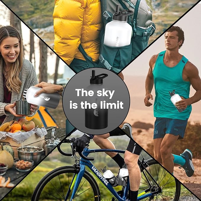 Insulated Water Bottle 64 oz, Triple Wall Vacuum Stainless Steel(Cold for 48 Hrs),Leak Proof & BPA-Free,Half Gallon Water Bottle with Reflective Paracord & Flip Straw for Sports & Travel, DarkGray-FlexoryFit