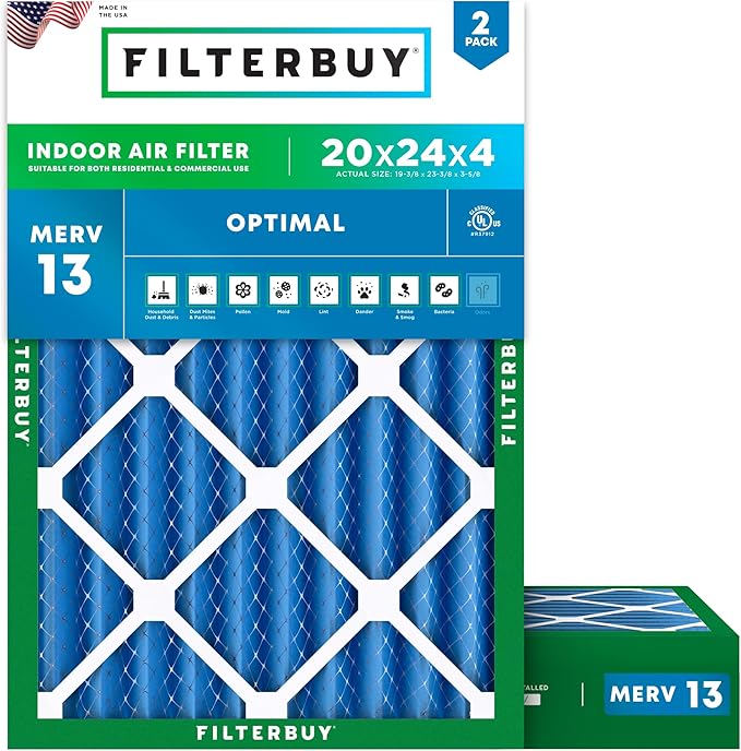 Filterbuy 20x24x4 Air Filter MERV 13 (MPR 1900) Health Defense Replacement (2-Pack), Electrostatic Pleated HVAC AC Furnace Filters, Made in USA (Actual Size: 19.38 x 23.38 x 3.63)