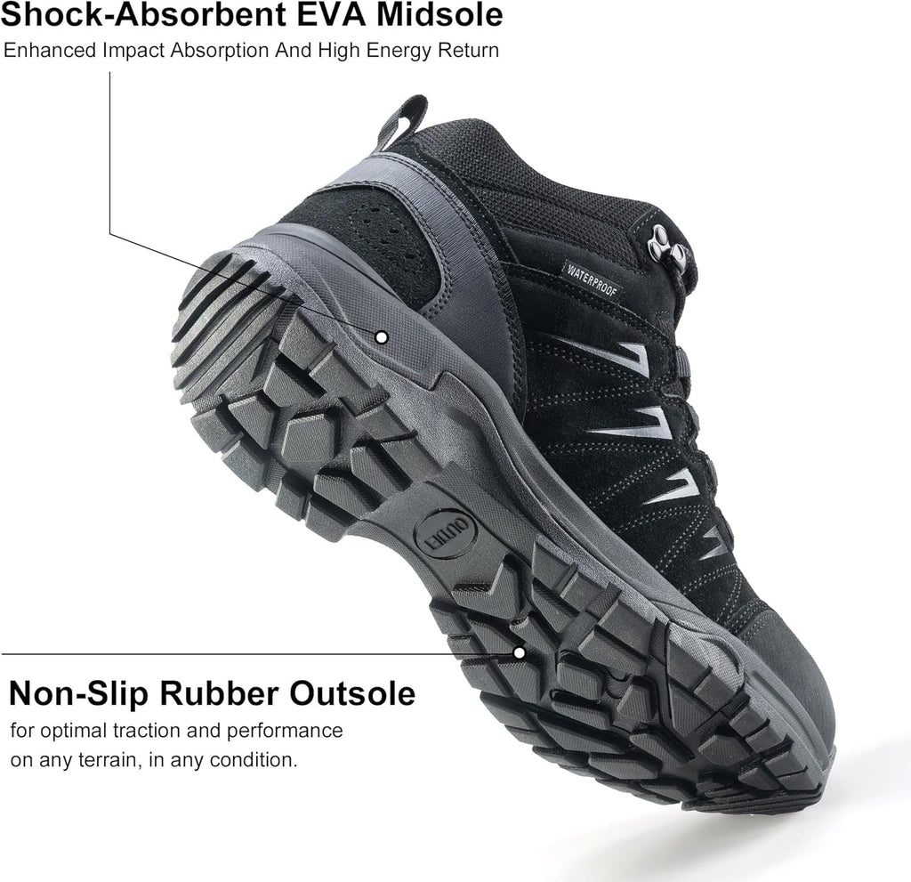 Men's Waterproof Hiking Boots Lightweight Comfortable Leather Mid Ankle Outdoor Trekking Boot