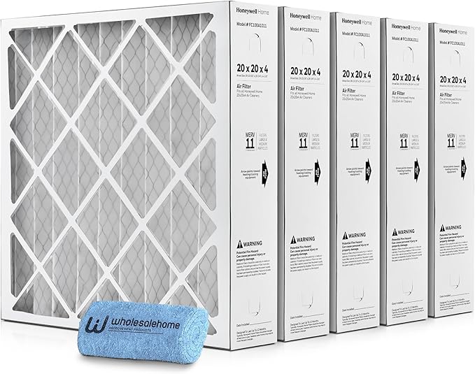 Honeywell 20x20x4 Air Filter Replacement MERV 11, FC100A1011 Pleated HVAC AC Furnace Filters with Wholesalehome Cleaning Cloth, 5-Pack (Actual Size: 19.94 x 19.75 x 4.38 Inches)