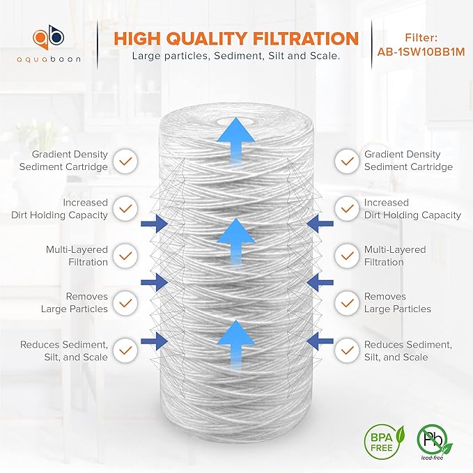 Aquaboon 1 Micron String Wound Water Filter 10x4.5 Replacement - Whole House Water Filter Cartridge Compatible with WP5BB97P,WP10BB97P, AP810, 2-Pack