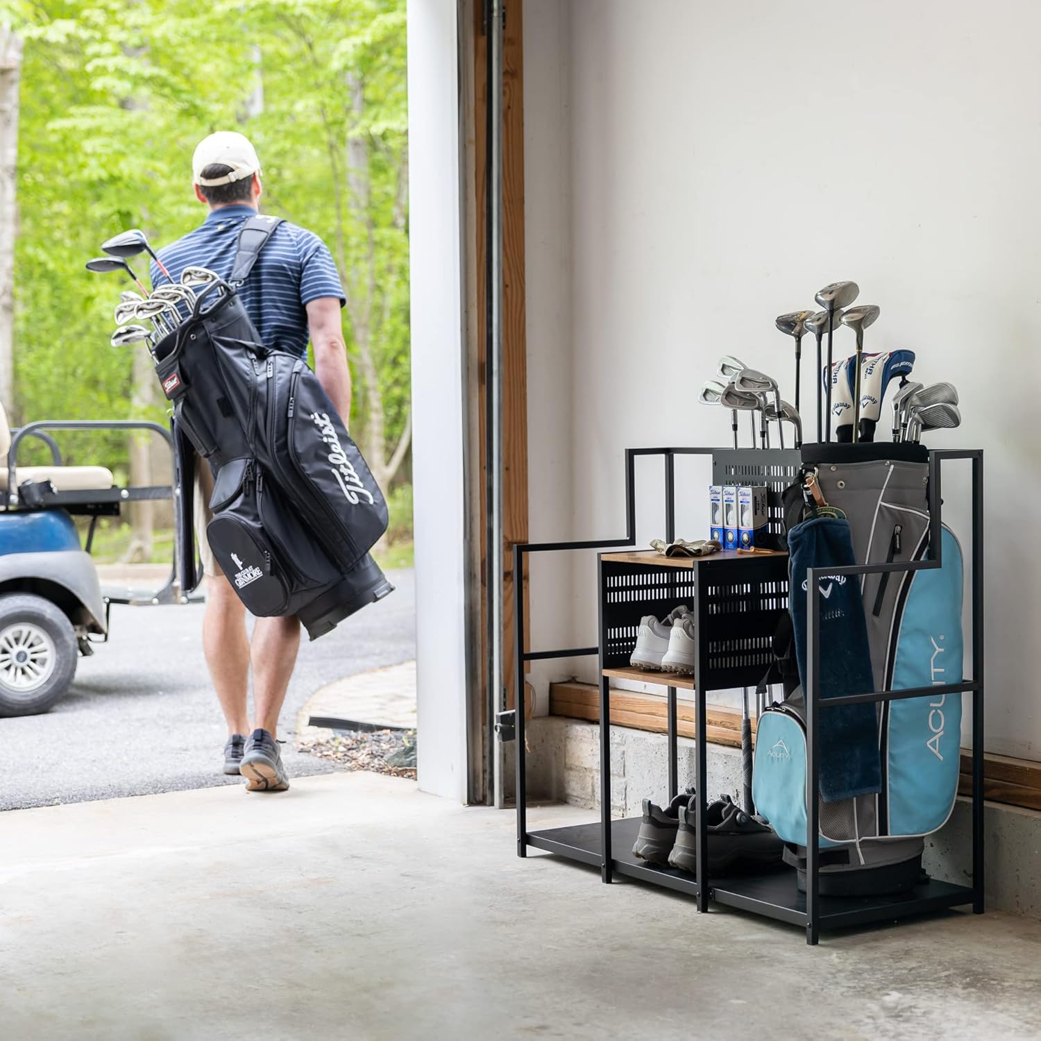 Teal Triangle Golf Storage Organizer, Heavy Duty Garage Freestanding Storage, Holds Golf Clubs, Bags, Golf Accessories, Golf Gifts for Men
