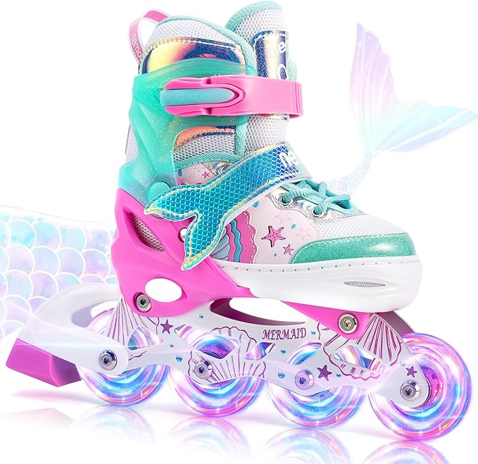 NEMONE Mermaid Inline Skates, 4 Sizes Adjustable Skates for Girls Kids with Light up Wheels, Indoor Beginner Outdoor for Kids Ages 4-6 5-8 6-12 8-12-FlexoryFit