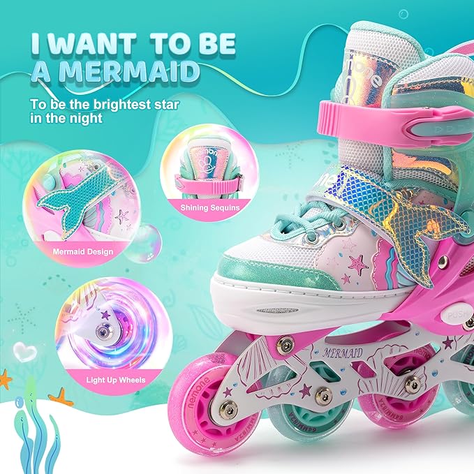 NEMONE Mermaid Inline Skates, 4 Sizes Adjustable Skates for Girls Kids with Light up Wheels, Indoor Beginner Outdoor for Kids Ages 4-6 5-8 6-12 8-12-FlexoryFit