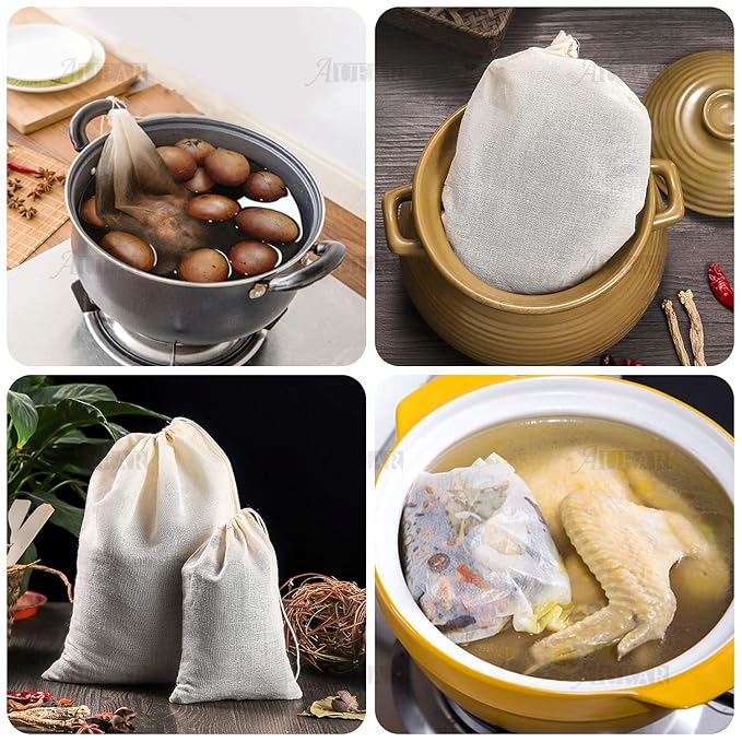 AUEAR, Reusable Drawstring Cotton Soup Bags Coffee Chinese Medicine Tea Bag Brew Straining Herbs Cheesecloth Bone Broth Gravy Stew (12 Pack, 4"x6")