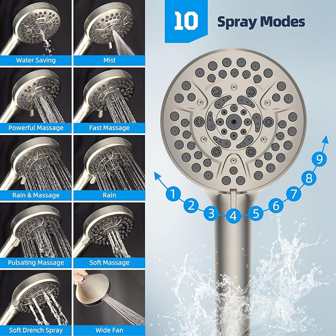 Hibbent 12'' All Metal Shower Head, High Pressure Rainfall Shower Head/Handheld Showerhead Combo/ 12'' Adjustable Curved Shower Extension Arm, 10-Spray, 71'' Adhesive Showerhead Holder, Brushed Nickel