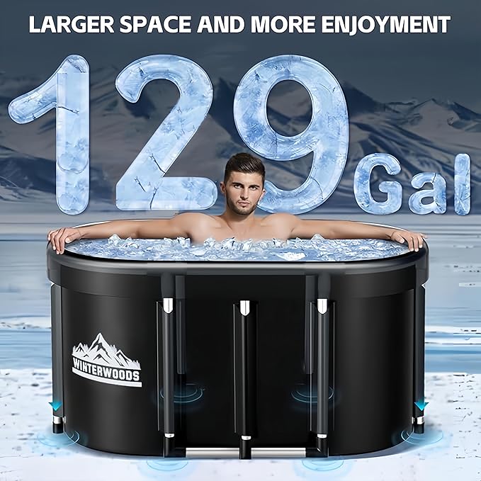 XL Ice Bath Tub For Athletes - 129 Gallon Oval Shaped Durable Frame - Recovery Cold Plunge & Cold Water Therapy - Portable Build - Easy Installation - Includes Two Collapsible Ice Molds & Thermometer