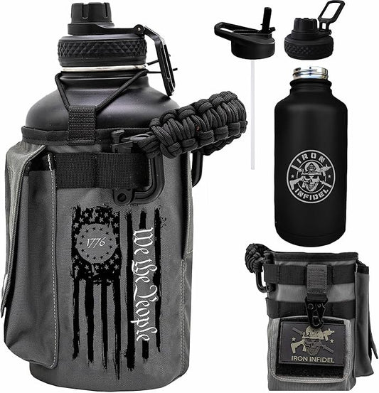 Iron Infidel Battle Bottle - Half Gallon Water Bottle Insulated, 64 oz Stainless Steel Water Jug with Paracord Handle - Gym Flask for Men with Rugged Sleeve for Storage (Betsy Ross 2 Liter)-FlexoryFit
