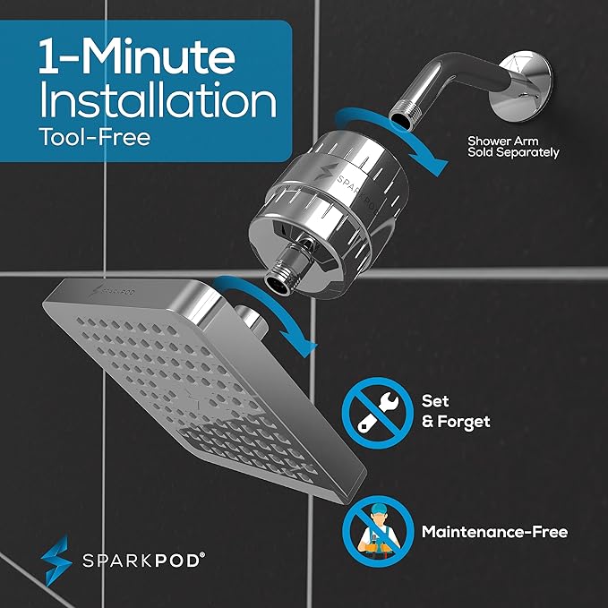 SparkPod Luxury Filtered Shower Head Set 23 Stage Shower Filter - Reduces Chlorine and Heavy Metals - High Pressure Showerhead Filter (6" Square, Luxury Polished Chrome)