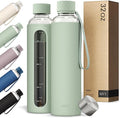 KIVY Glass Water Bottle with Silicone Sleeve 32 oz [WITH MEASUREMENT] - Borosilicate Glass Water Bottle Screw Top - Clear Bottles with Measurement Marking - Sage Green Waterbottle