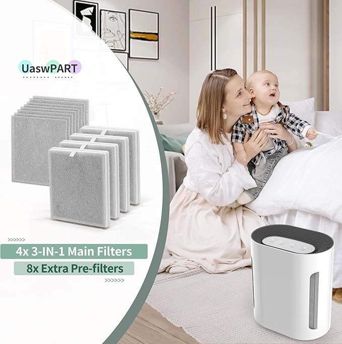 PEAIRFIL Filter Replacement Compatible with Pure Enrichment Air Filter PureZone 3-in-1 PEAIRPLG, Part# PEAIRFIL, 3-Stage Filtration, 2 High-Efficiency Main Filters+8 Extra Pre-Filters