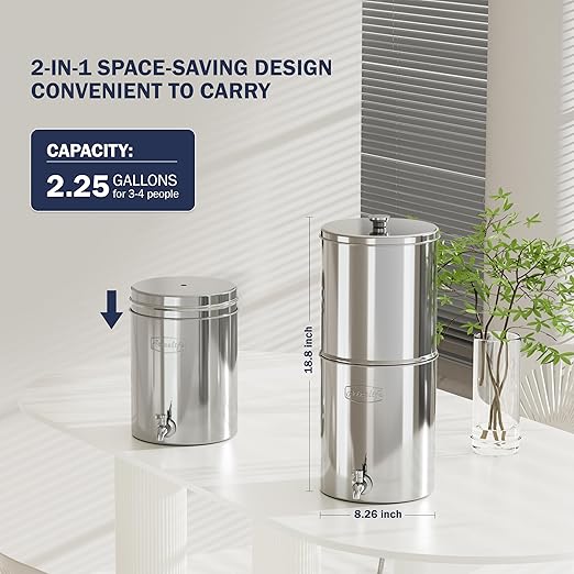Frizzlife 2.25G Gravity-fed Water Filter System, NSF/ANSI 42&372 Standards, Countertop Water Filter Reduces Chlorine, Bad Taste & Odor, 304 Stainless Steel Countertop System for Home, Emergency, G210